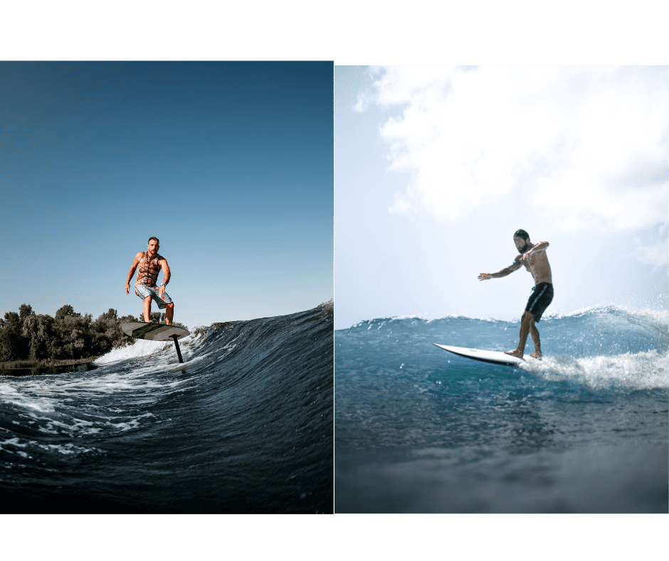 hydrofoil surfing and a regular surfing side by side, comparing the two