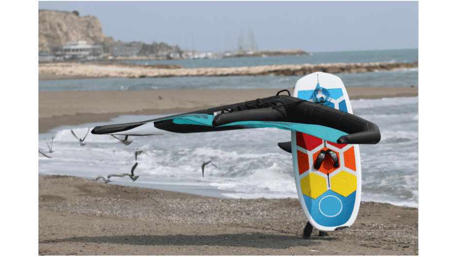 A hydrofoil surfing board with wings and a fuselage, ready to fly above the waves