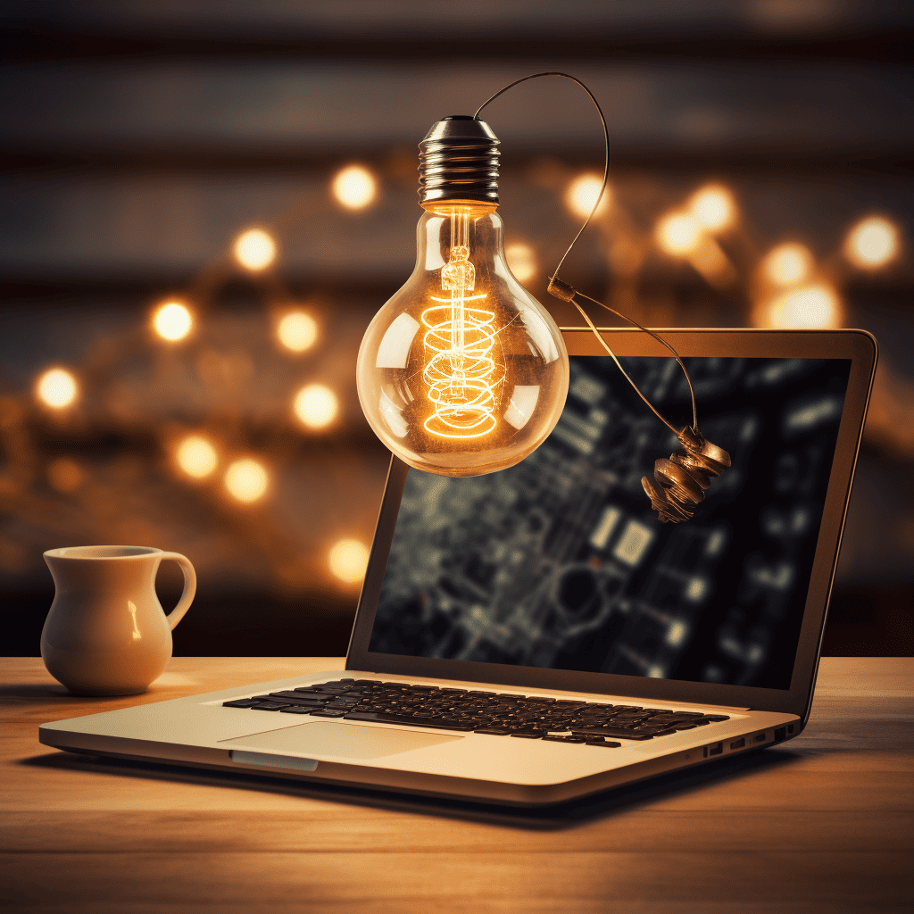A bloggers laptop on a desk with a light bulb symbolizing an idea above it