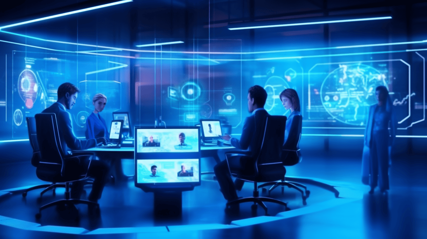 A futuristic digital workspace showcasing the Character.AI interface on a sleek computer monitor. Surrounding the computer are holographic projections of diverse characters engaged in conversation, symbolizing the power of dialog agents.