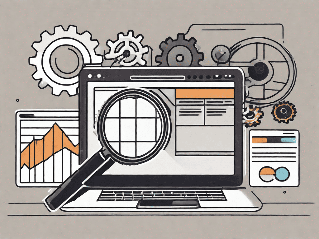 A magnifying glass hovering over a computer screen with various seo-related icons such as a search bar