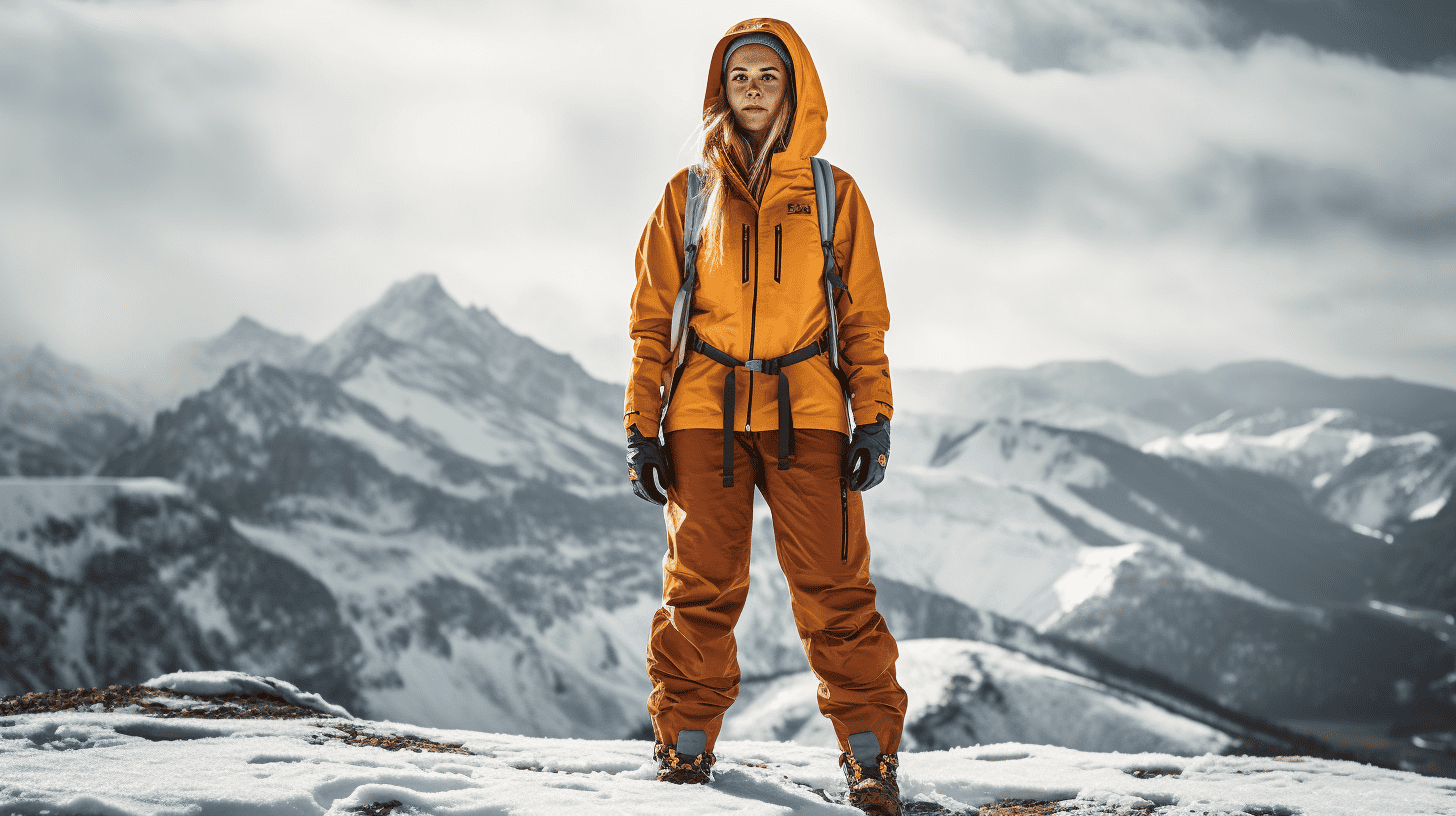 a female outdoor enthusiast wearing gore-tex jacket and pants