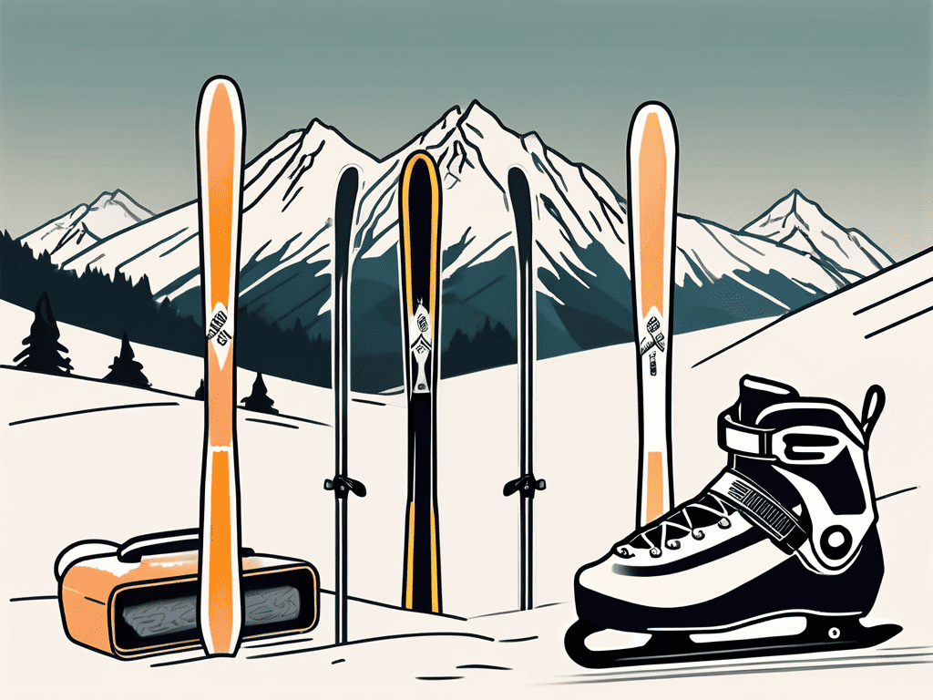 A pair of skis with a waxing iron and a bar of ski wax nearby